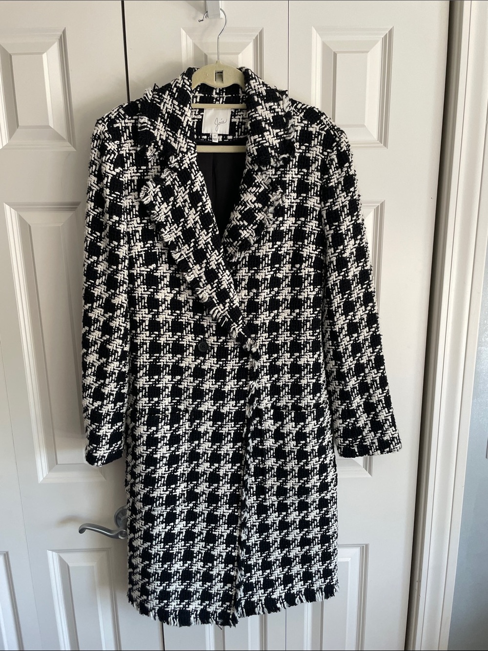 Joie Black & White Houndstooth Long Trench Coat